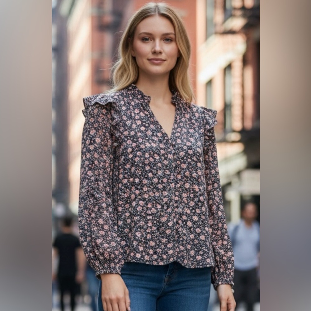 LC Lauren Conrad Floral Blouse - Pink and Navy